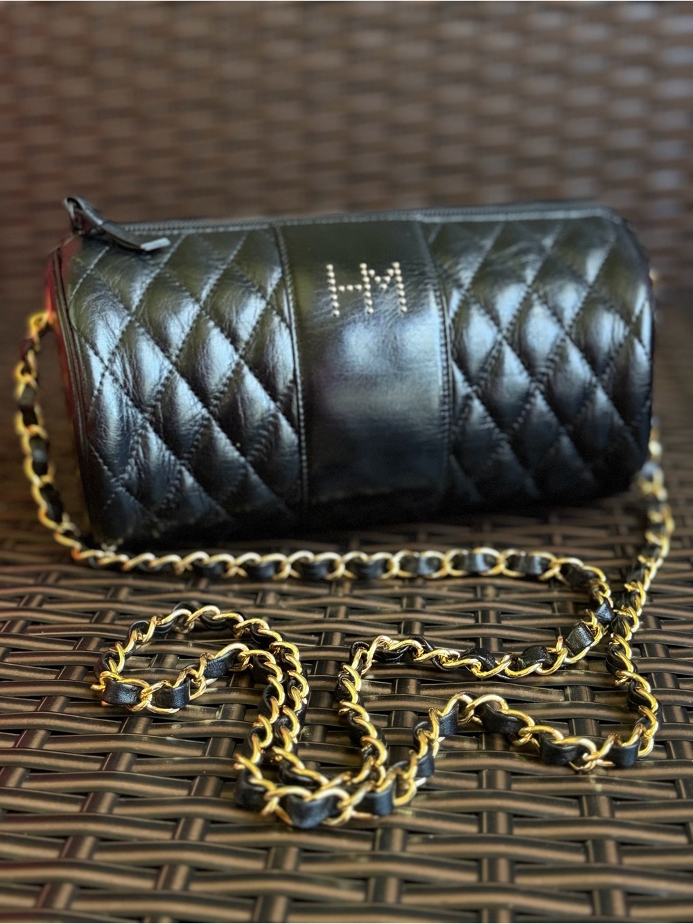 Hanae Mori Quilted Leather Barrel Crossbody Bag Black Gold Chain